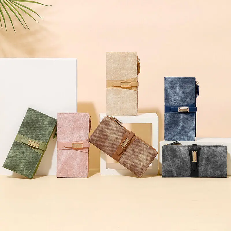 Dompet Panjang Modis untuk Wanita Dompet Lipat Dua Kulit PU Tempat Kartu Kredit Tas Ponsel Wanita Gesper Dua Kali Lipat Hadiah Tas Tangan Genggam