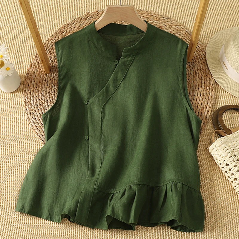 New Chinese Style Cotton Linen Vest Jacket Women's plus Size Summer New Arrival Breathable Comfortable Skin-Friendly Thin Model