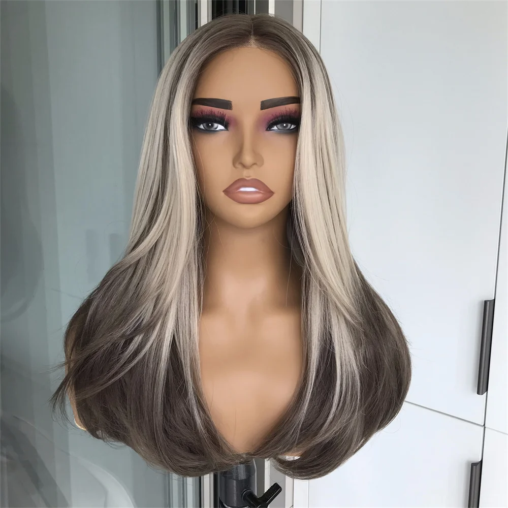 Wear and Go Layered Wig Pre Cut Pre Plucked for Beginner Synthetic Lace Front Wig with Bangs Straight Wigs for Women Highlights