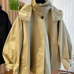Spring Autumn Oversized Casual Waterproof Khaki Windbreaker Women Long Sleeve Hood Drawstring Zipper Jacket