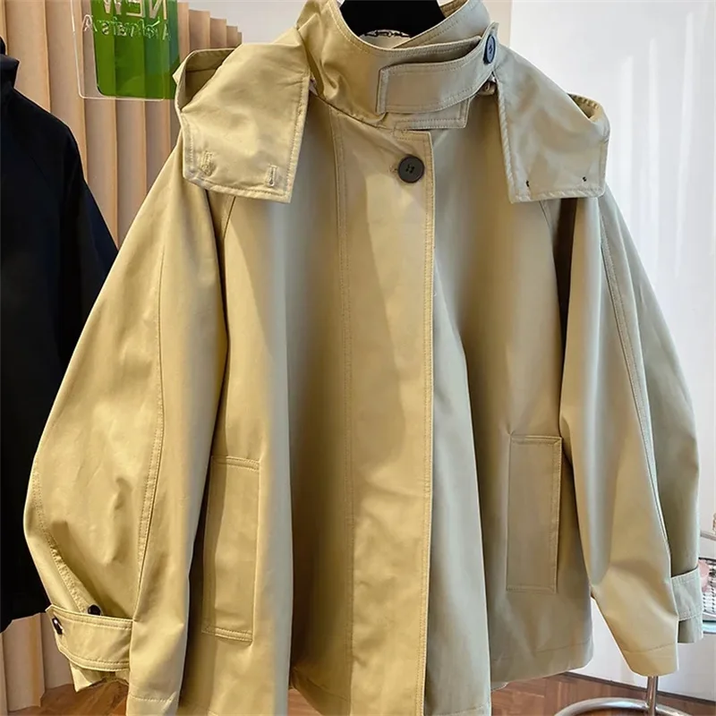 Spring Autumn Oversized Casual Waterproof Khaki Windbreaker Women Long Sleeve Hood Drawstring Zipper Jacket