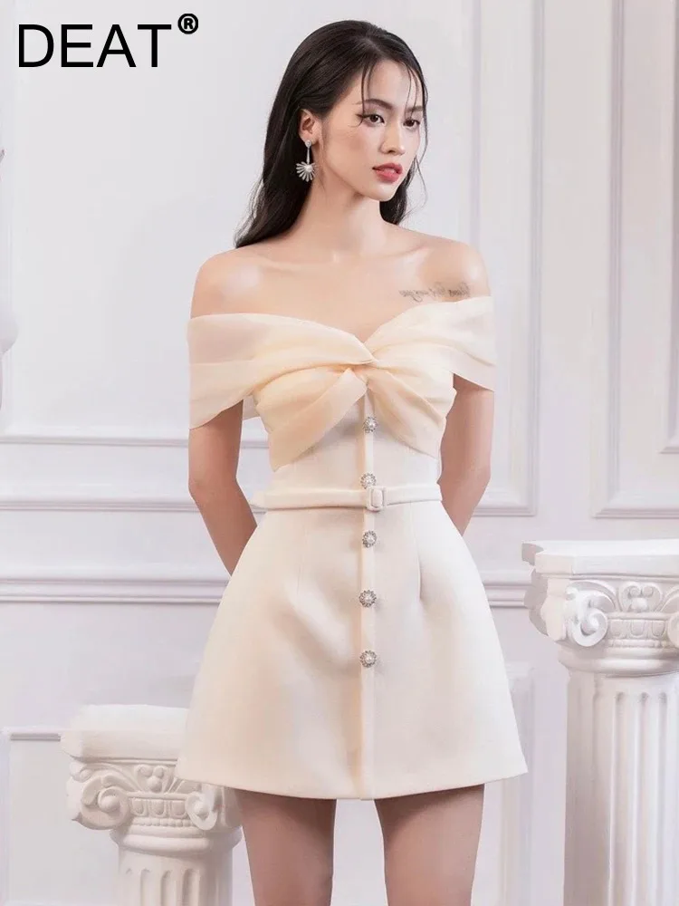 DEAT Elegant Dress Bowknot Single-breasted Gauze Strapless Belt Women\'s Evening Party Dresses 2024 Summer New Fashion 35Z459