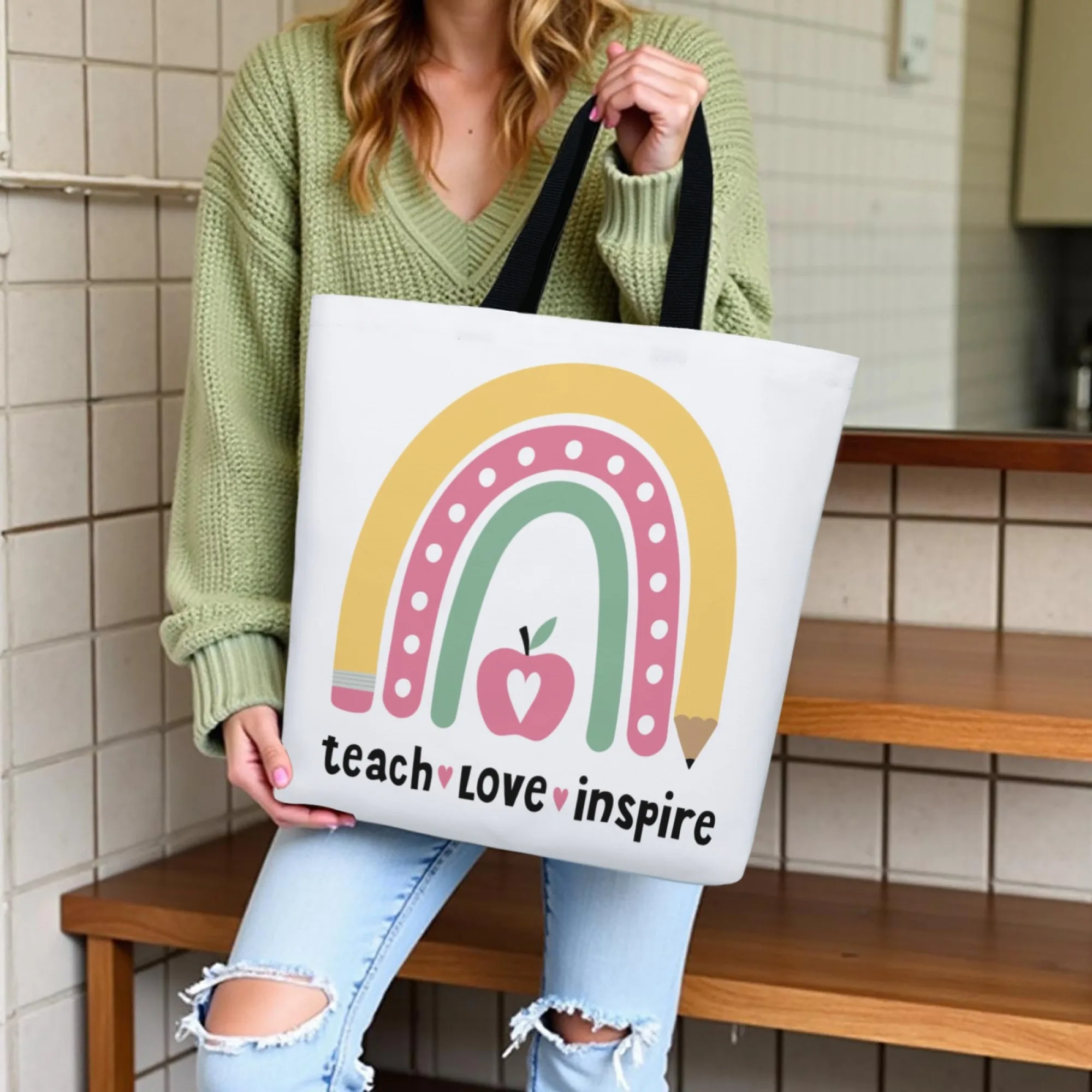 

Durable Fabric Educator-Style Women Tote Bag Cute Education Element Print Reusable Shopping Bag Daily Use for Teachers & Gift