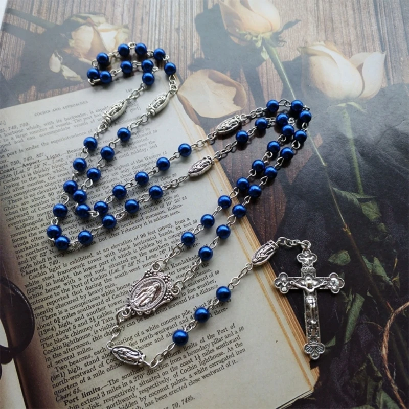 Glass Beads Blue Rosary Catholic Necklace Prayer for Cross Holy Religious Jewelry Gifts for Women Men