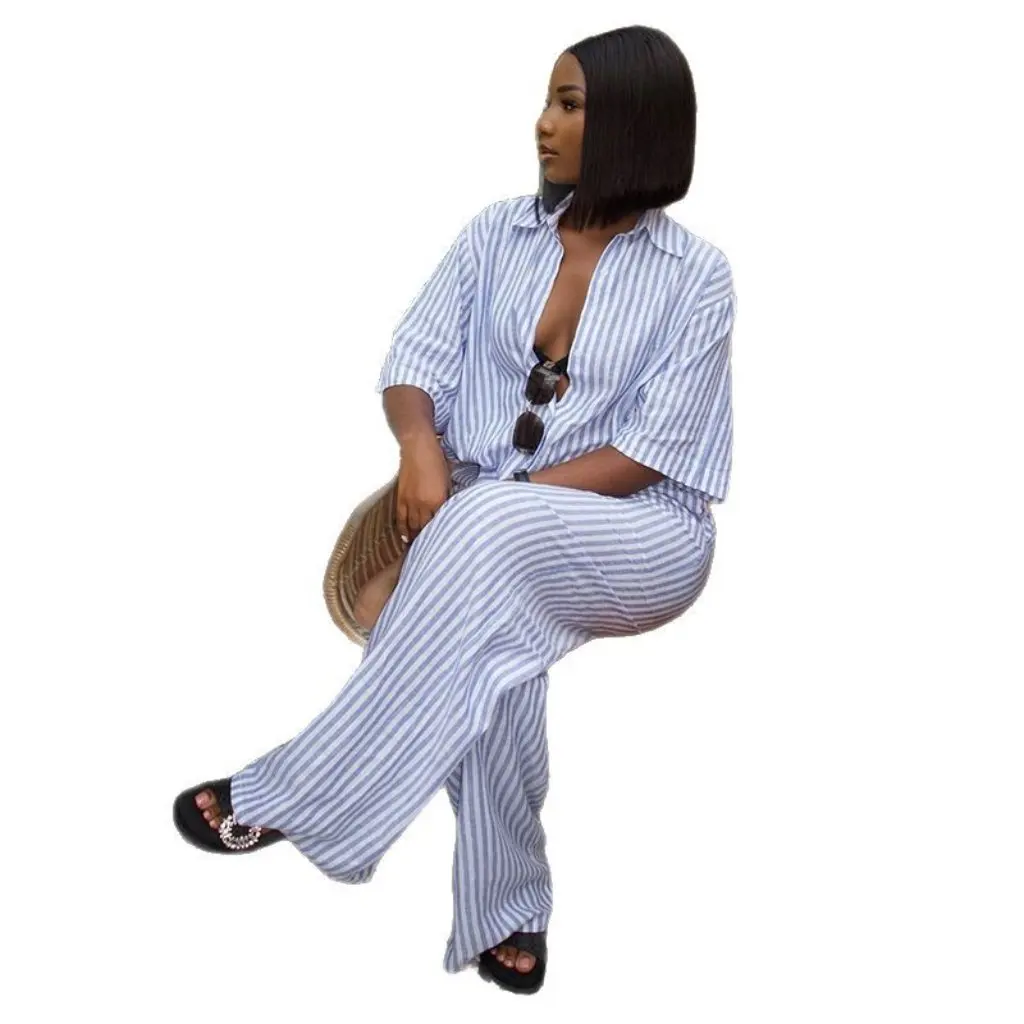 

Женский летний повседневный комплект из двух предметов: брюки с высокой талией и полосатая рубашка с рукавами три четверти в европейском и американском стиле