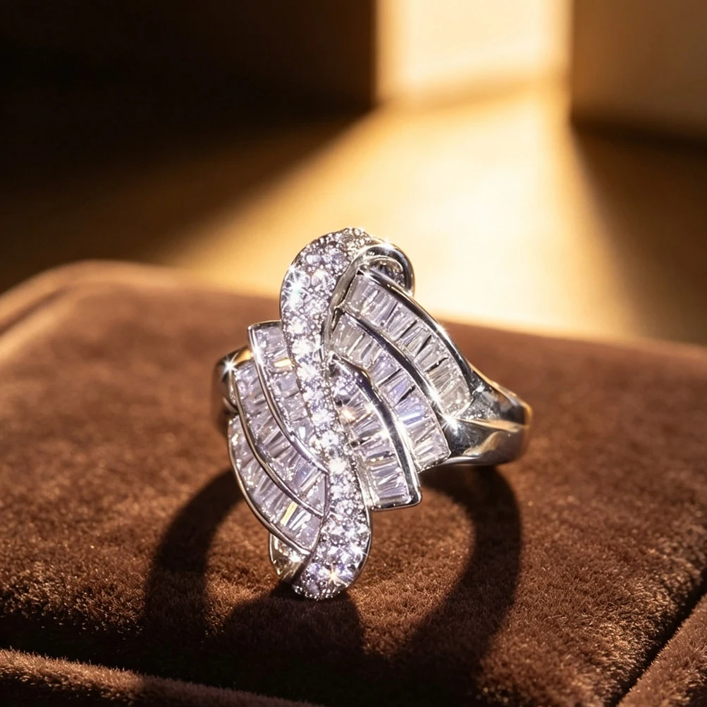 Elegant Interwoven Twist Wide Statement Ring Shiny Baguette Cut Synthetic Zircon Paved Finger Ring Birthday Anniversary Valentine Holiday Gift for Ladies