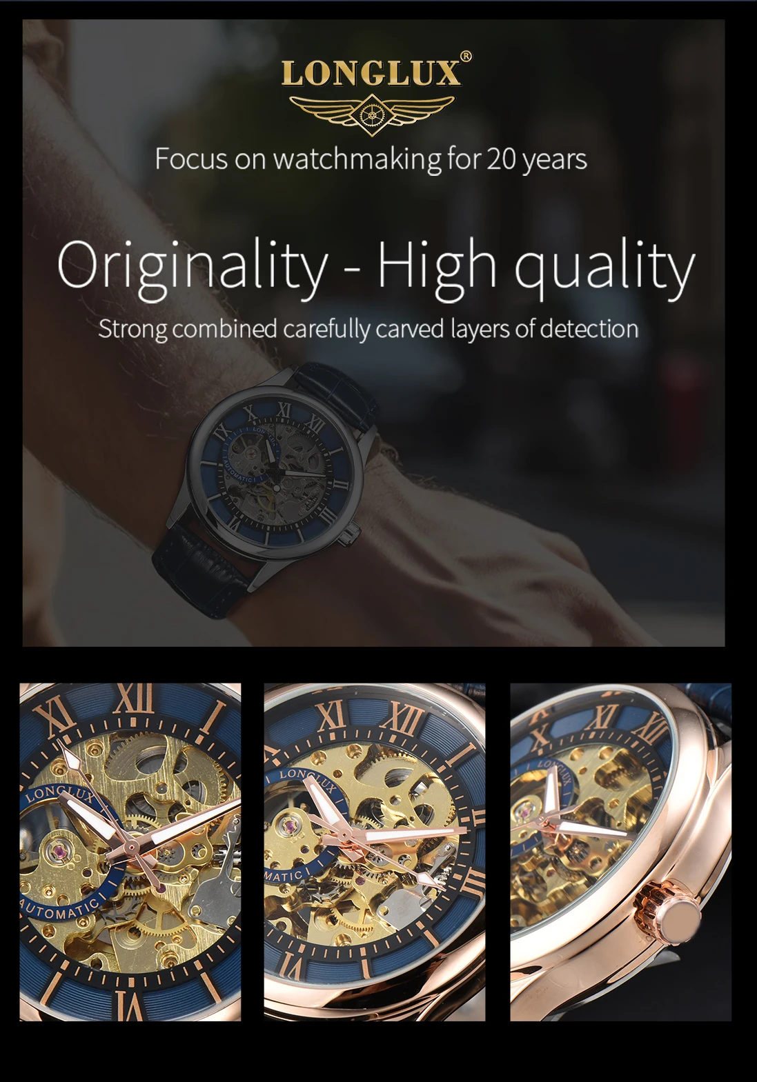 Herren-Automatikuhr, Luxuriöse Mechanische Uhr mit Römischen Ziffern, Wasserdicht, Skelett-Design, Nachleuchtend, Lederarmband, Herrenuhr, Ideal als Geschenk – Detail 2