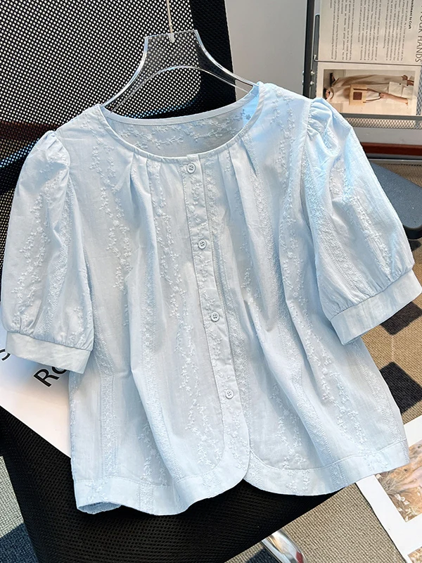 

Синяя вышитая футболка с коротким рукавом, женская, летняя, 2026, новая, свободного кроя, маленький размер, укороченный топ, смесь хлопка и полиэстера