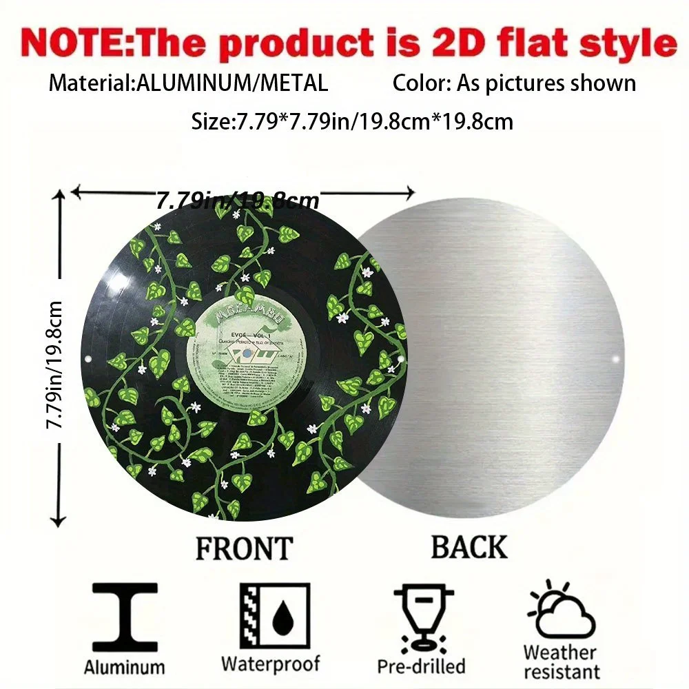 2D Flat, Vintage Vinyl Record Wall Art Decor - Round Retro Music Note & Song Lyrics Label Metal Sign, Vinyl Ivy Vines Leaf Desig