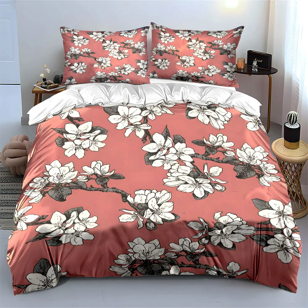 White floral pattern on red background Bedding Set 1 Duvet Cover 2 Pillowcases for Adult and Children Luxury Gift Full Size