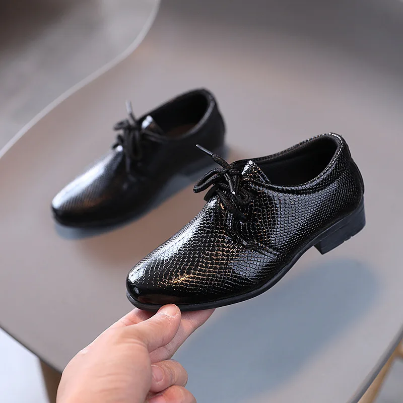 Boys Dress Leather Shoes 2022 Spring Britain for Party Wedding Shows Lace-up Kids Fashion Solid Black School Performance Shoes