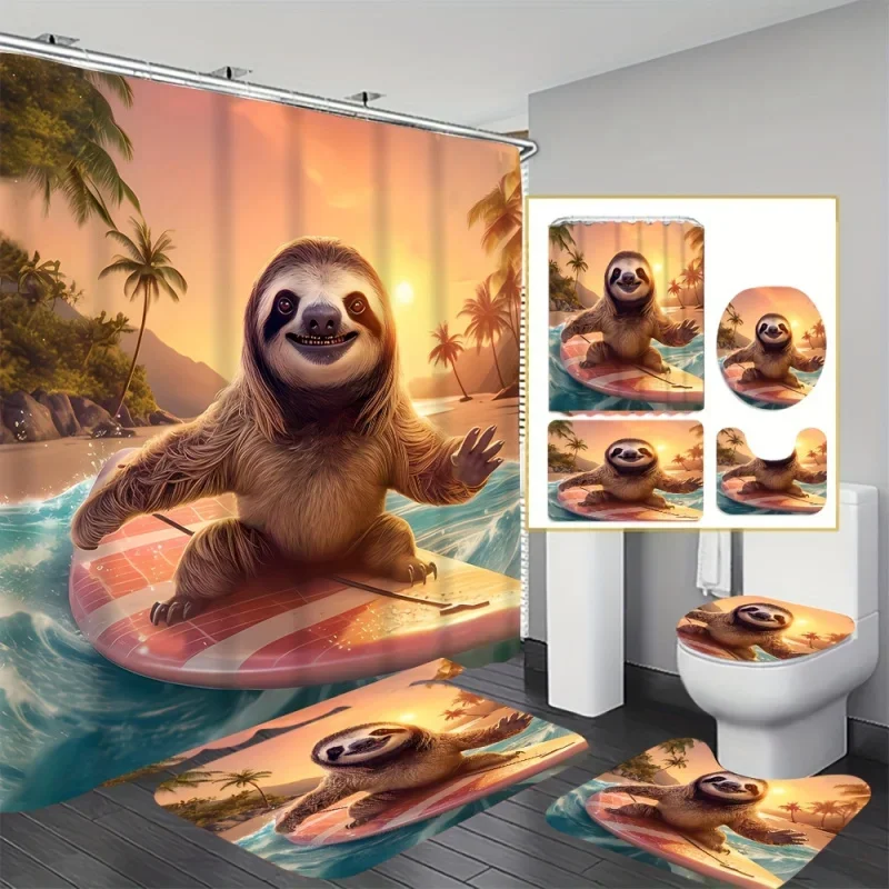 

4 Sloth Shower Curtain Set, Decorative Bathroom Set Including Waterproof Shower Curtain, Non-slip Floor Mat, Toilet Seat Cover