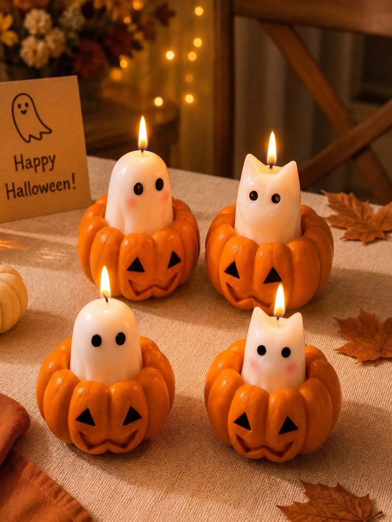 4pc Halloween Pumpkin Ghost Cat Candles, Cute Jack-O'-Lantern Sculpture Candle Set, Spooky Cute Autumn Home Decor, Halloween Party Tabletop Centerpiece, Fireplace Mantel Decor, Living Room Tabletop Decor, Hostess Gift, Autumn Seasonal Gift Set For Friends