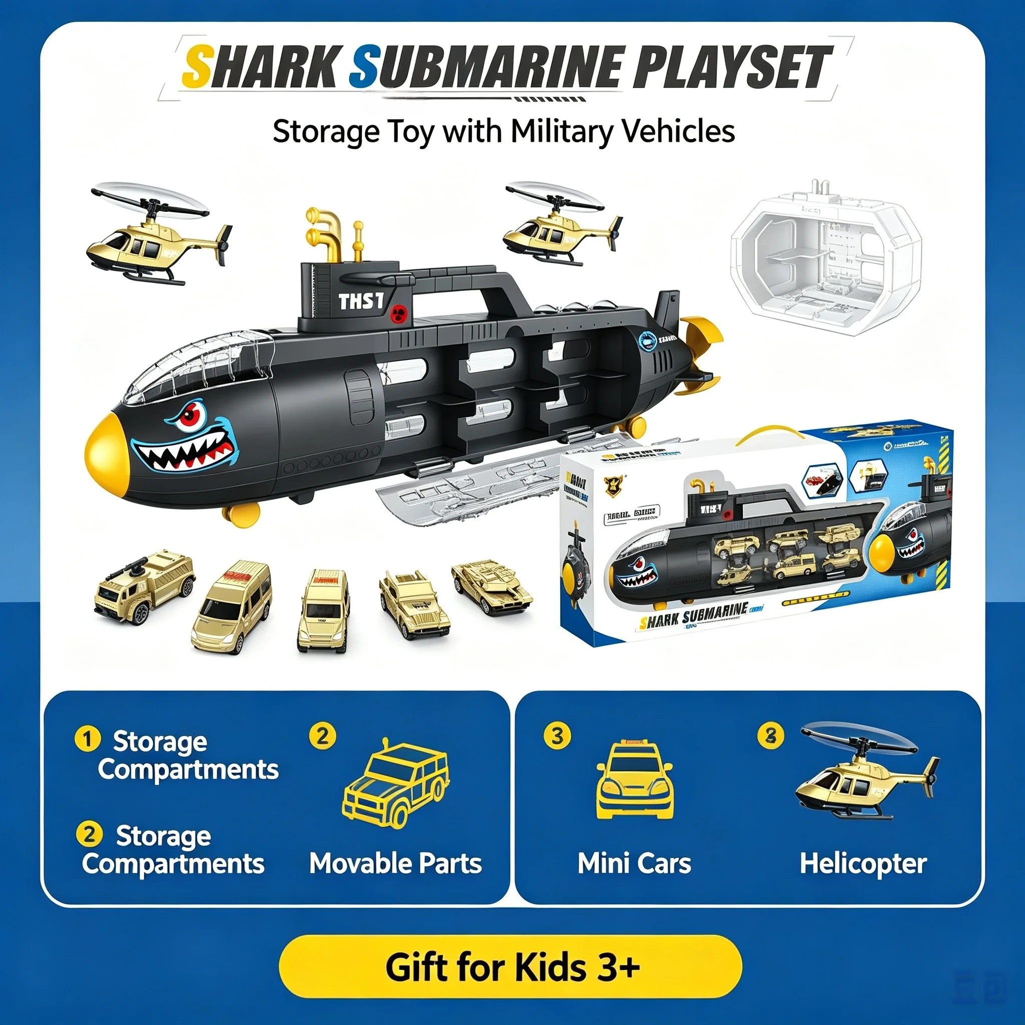 Large Shark Submarine Storage Model with Openable Hatch and Rotatable Propeller, Military Vehicle Combination Toy - view 5