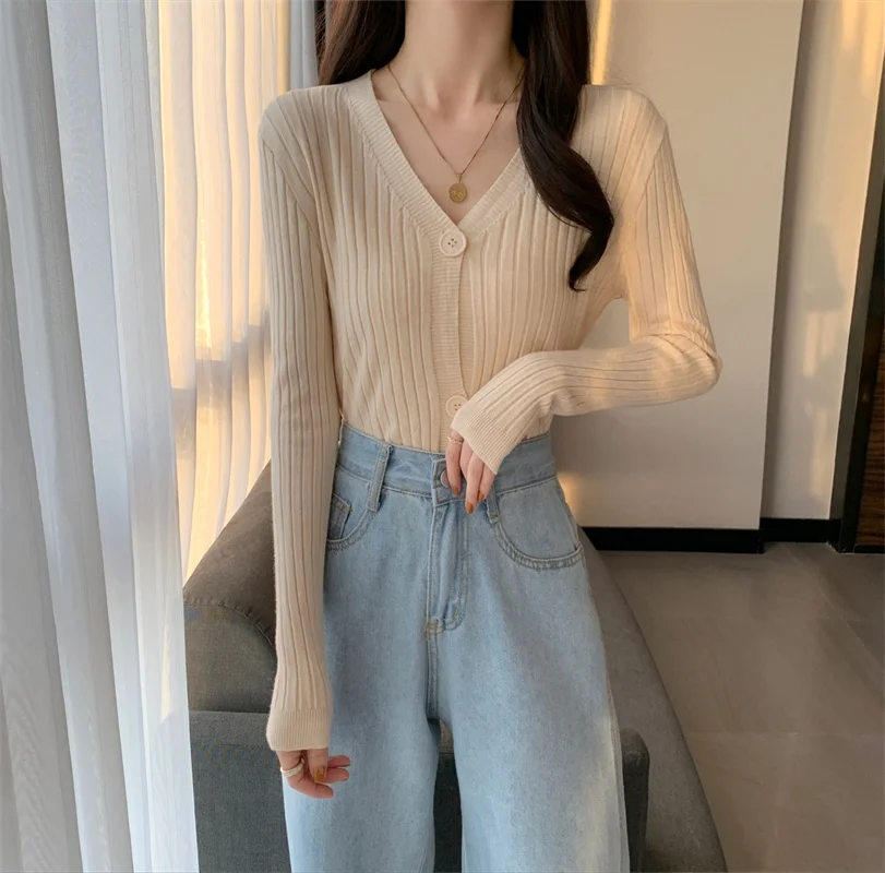 Ribbed Knit Cardigan Sweater for Women Long Sleeve V-Neck Wavy-hem Plain Knit Jacket Teen-girl Fall Winter Basic Outfit