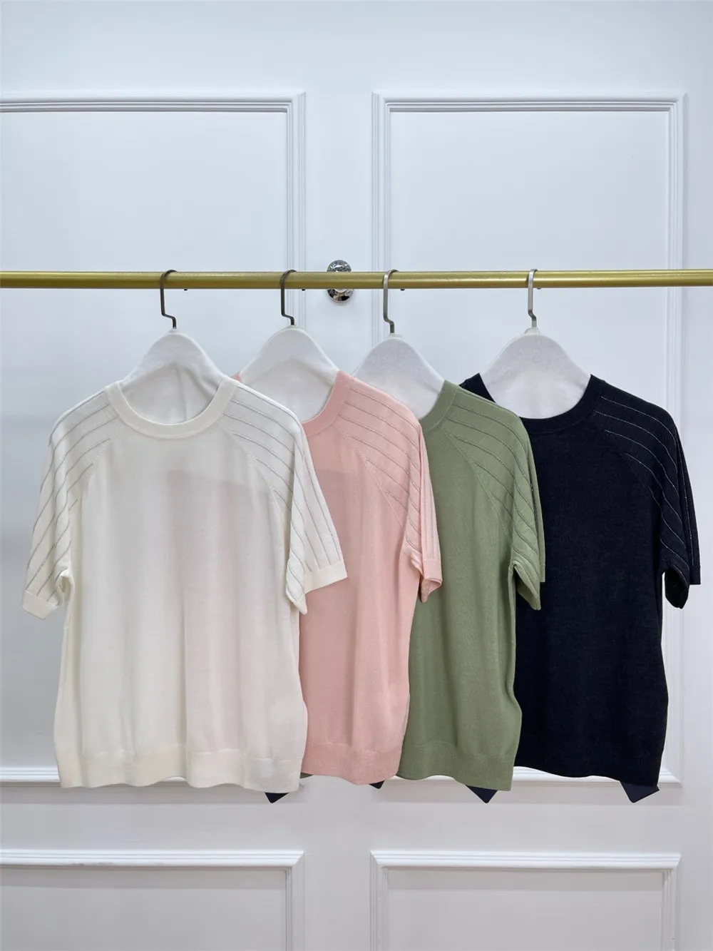 

High Quality Wool Silk Beaded O- Neck Short Sleeve T-Shirt Women Knitted Pullover Top