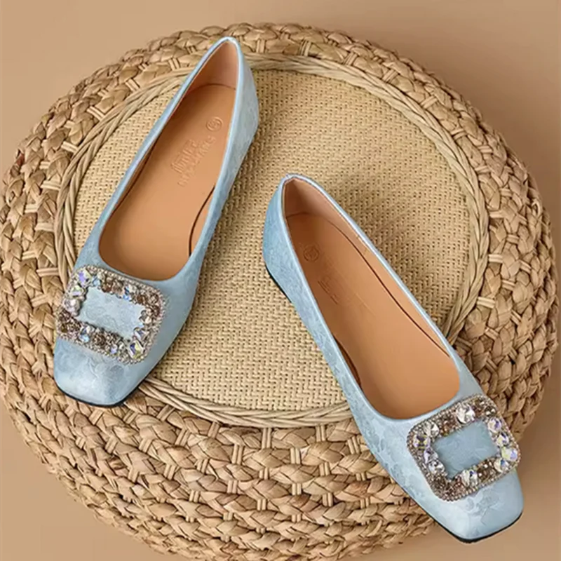 Women New Arrivals Printed Flowers Flats Designer Luxury Diamond Buckle Slip-On Green Pinkish Gold Shoes Square Toe 33 498 47 46