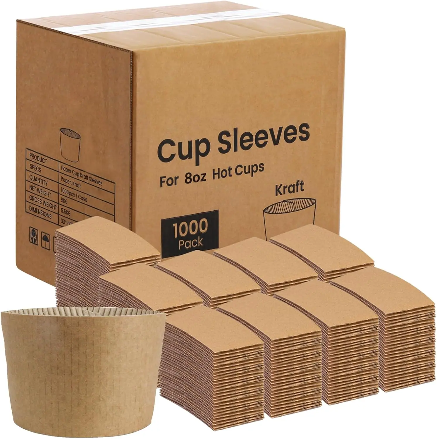 

1000 Pack Kraft Coffee Cup Sleeves, 8 oz, Disposable Hot & Cold Drink Insulators