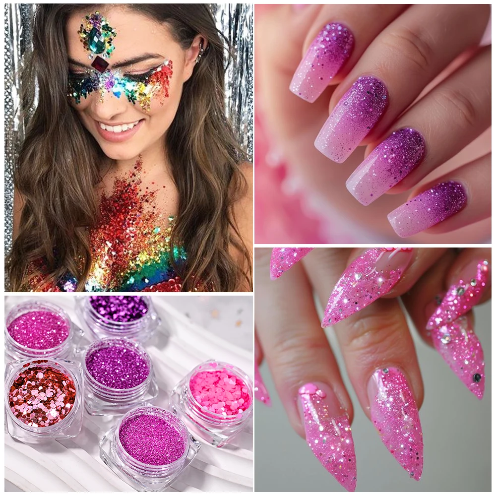 6 Pz/set Rosa e Viola Mix Glitter Per Unghie Polvere/Paillettes Scintillanti Esagono Fiocchi per Il Trucco Del Partito Ombretto Corpo Manicure Decorazioni