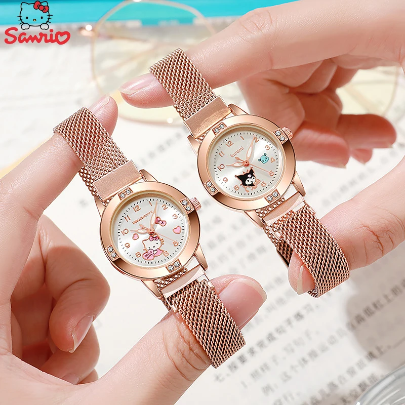 Sanrio Hello Kitty Watch Melody Kuromi Delicate Milan Quartz Watch Magnet Buckle Set Diamond Wristwatch Cartoon Student Gifts