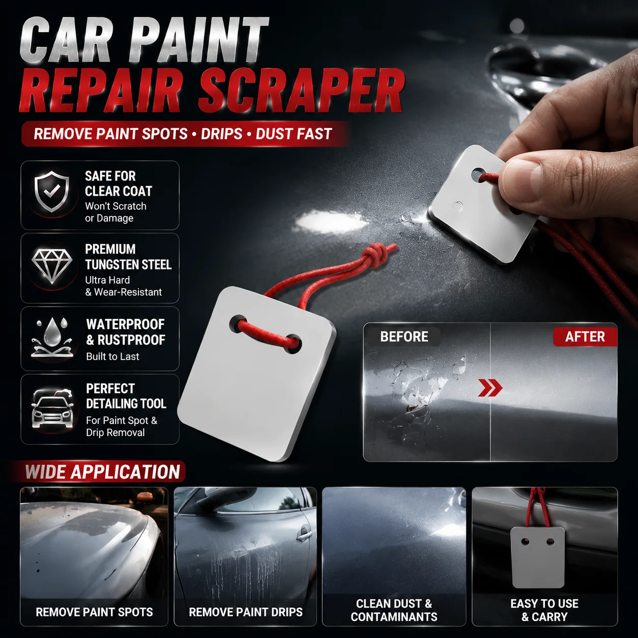 Tungsten Steel Car Paint Repair Scraper Safe For Clear Coat Remove Paint Spots Drips Dust Portable Auto Detailing Cleaning Tool