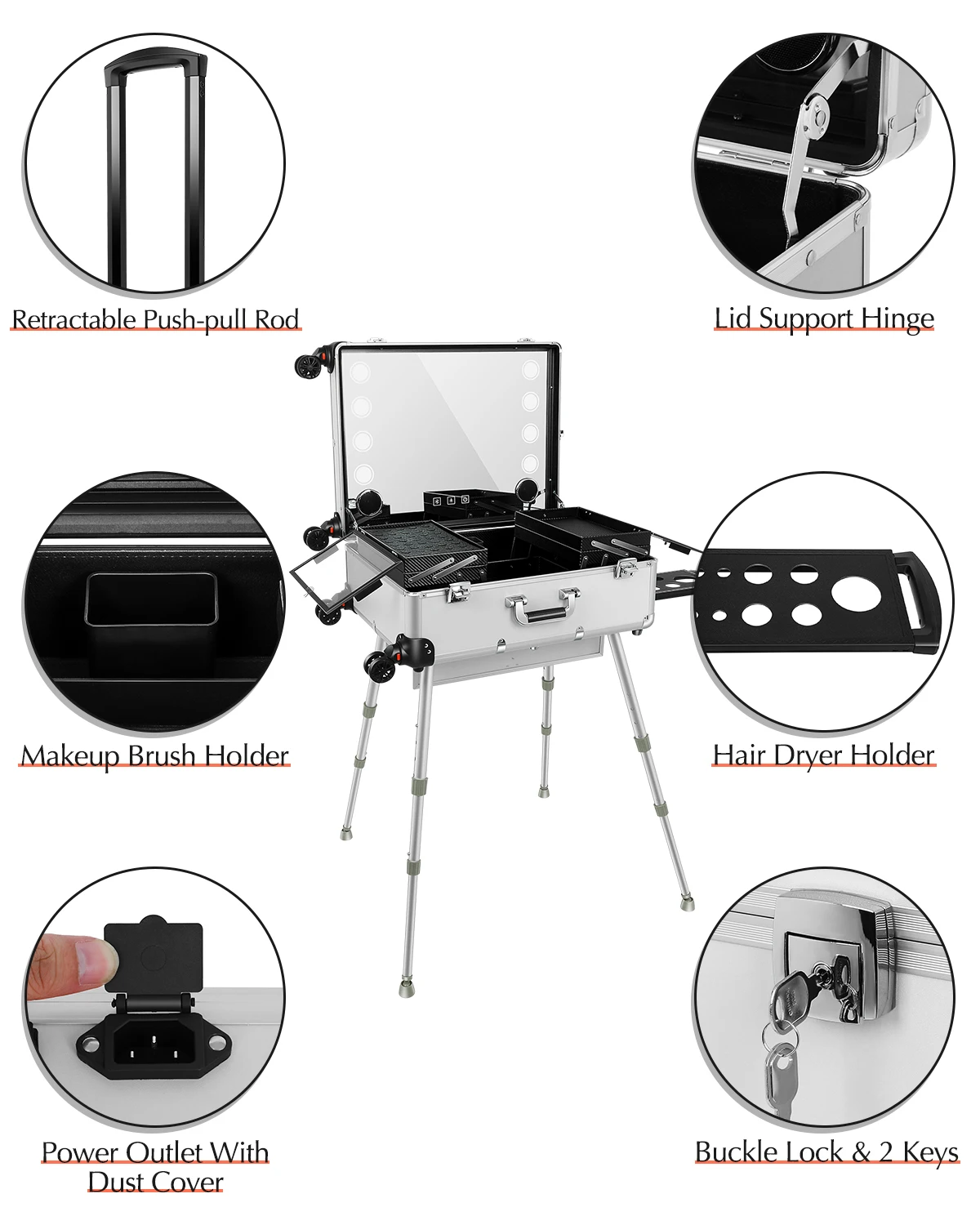 Aluminum Trolley Makeup Train Case with 8 LED Light 24'' Rolling Cosmetic Organizer Studio Speaker Make up Artist Free Standing