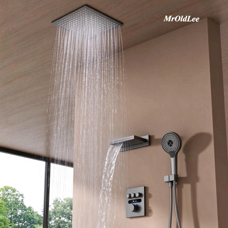 Gold Tropical Rainfull Shower System Set Hidden Ceiling Shower Embedded Thermostatic Mixer Set Luxury Shower In The Bathroom