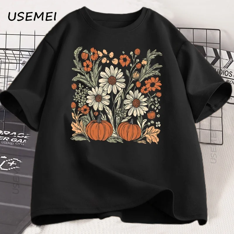 Boho Fall Floral T Shirt Retro Fall Tshirt Autumn Vibes Pumpkin Season Graphic Tee Women Vintage Halloween Woman Clothing Tees