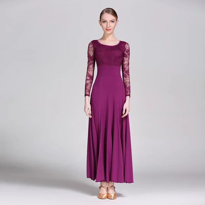 Wysokiej jakości sukienki do tańca towarzyskiego dla dorosłych, standardowe, z koronkowymi rękawami, spódnica do flamenco, tanie damskie sukienki sceniczne do walca i tańca towarzyskiego.