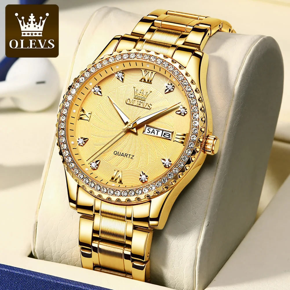 OLEVS 5565 Diamond Lap Quartz Watches for Men Golden Stainless Steel Waterproof Dual Calendar Men's Wrist Clock Luxury Man Watch