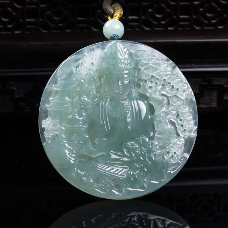 Natural A-grade jadeite Buddha view three-dimensional hollowed out exquisite jade old high ice jade pendant Light luxury