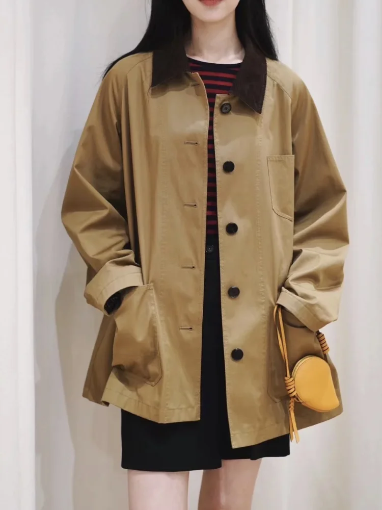 Jaqueta de Retalhos Xadrez Feminina, Bolso, Botão Frontal, Trench Coat em Tan, Algodão, Outono, Inverno, Roupas Femininas Casuais