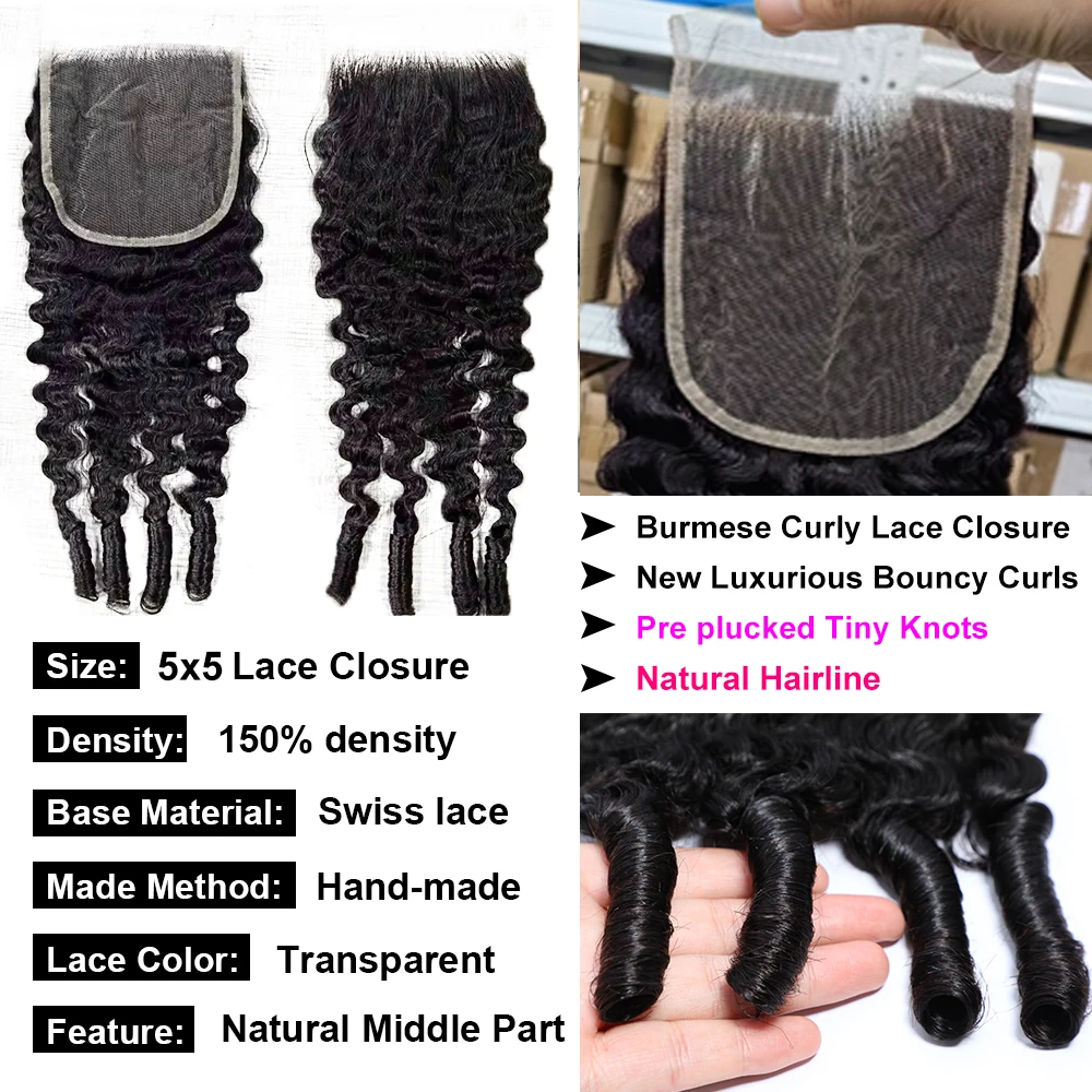 Mพม่า CURLY Bundles ปิด 5X5 HD โปร่งใสลูกไม้ปิดหน้าผากสานต่อผม 15A ดิบ Virgin Hair