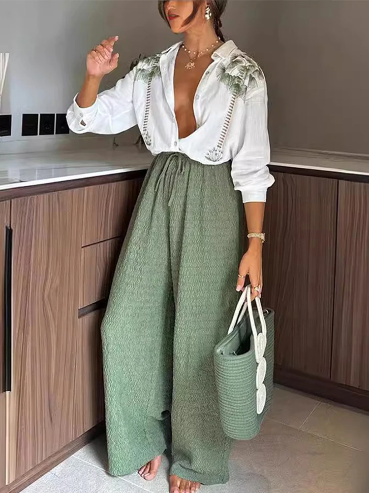 Printed Lace Up Women Trouser Suits Turn-down Collar Single Breasted Shirts Wide Leg Pants 2024 Spring Summer New Chic Lady Sets