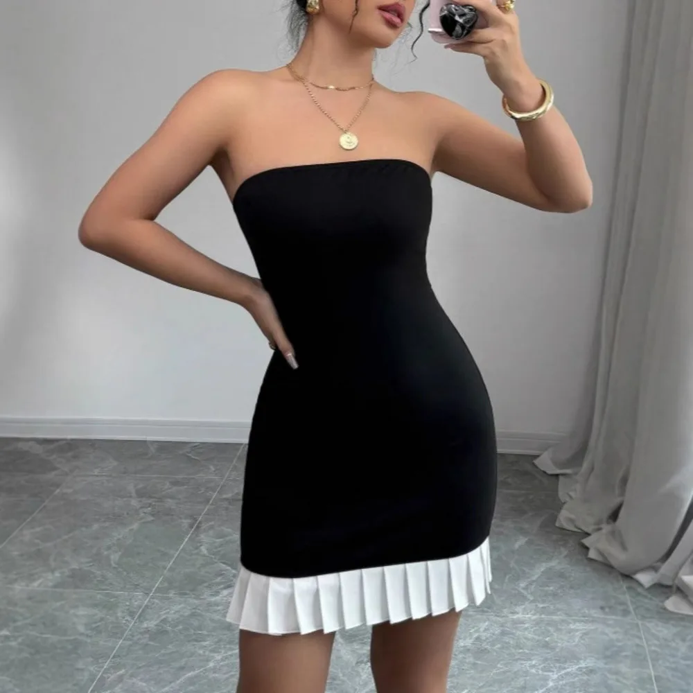 2026 Spring/summer New Women's Strapless Pleated Color-block Mini Dress Women's Casual Dresses Luxury Y2k、 Vestidos Bandage