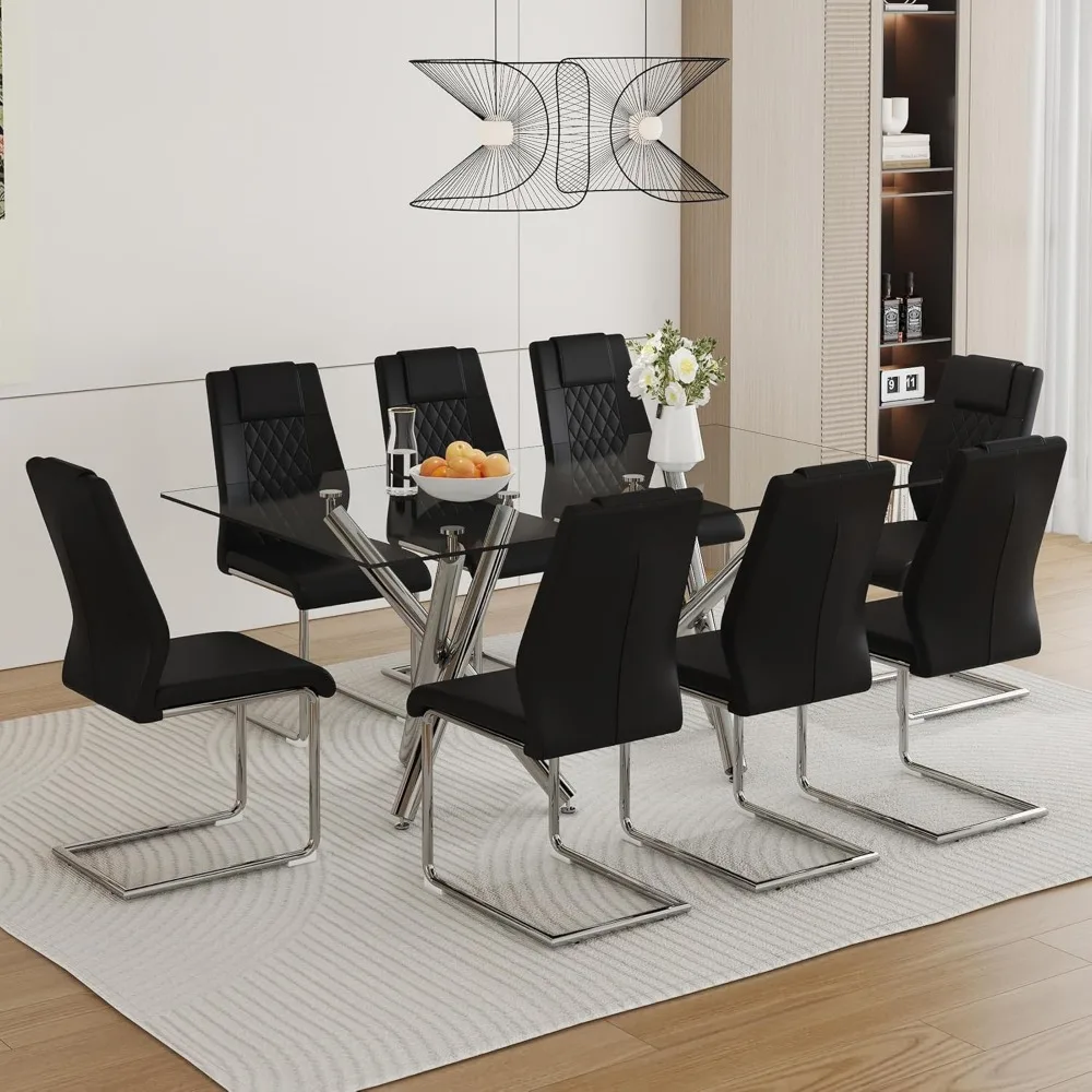 9 Piece Dining Table Set,Tempered Glass Top Dinners Tables and  Modern PU Leather High Back Side Chairs Set,Dining Room Sets