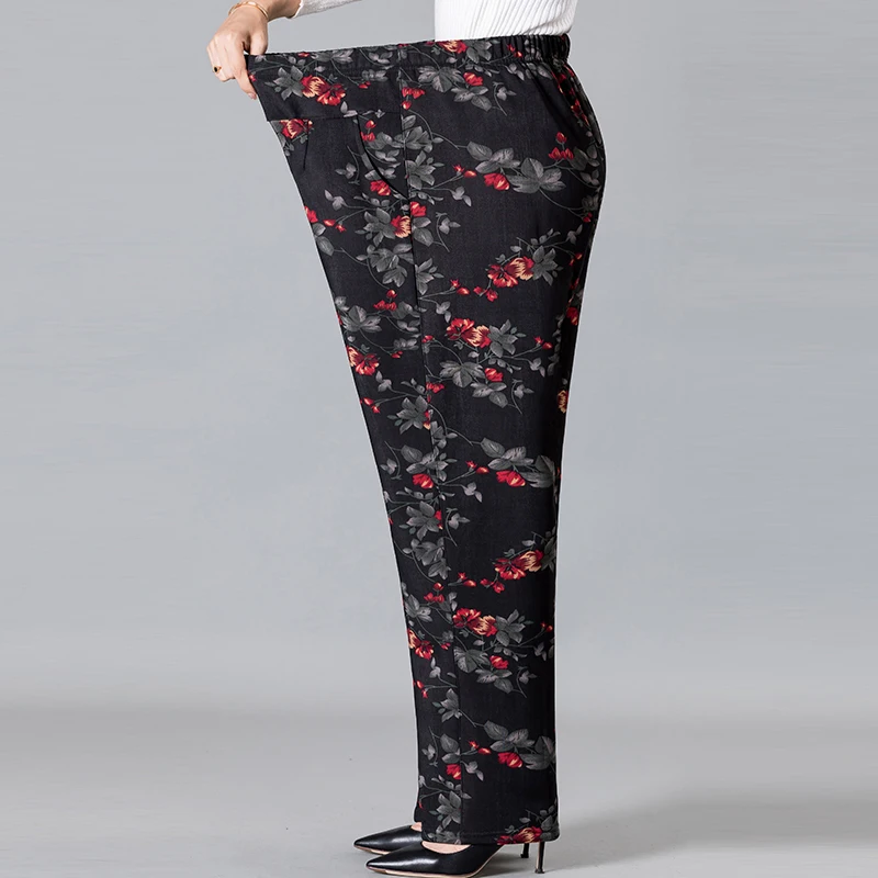 8XL 9XL Frauen Mittleren Alters Hosen Neue Druck Elasti Hohe Taille Casual Hosen Frühling und Herbst Gerade Hosen Oversize Oma pa – Detail 22