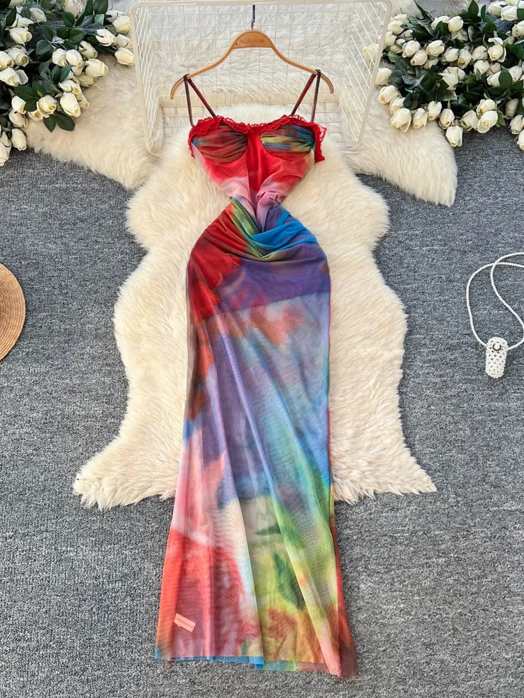 

Женское вечернее платье-боди с эффектом тай-дай, винтажное элегантное пляжное платье с открытыми плечами, цельное летнее платье 2026