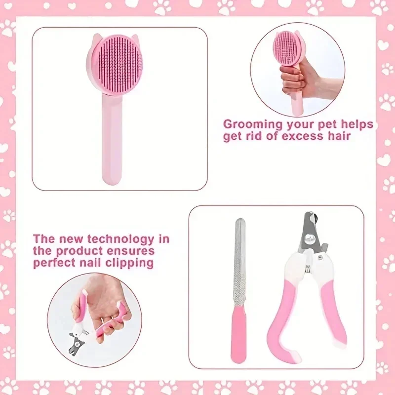 8Pcs Cat Grooming Kit Pet Nail Clipper File Self-Cleaning Brush Flea Comb Shampoo Bath Brush Set