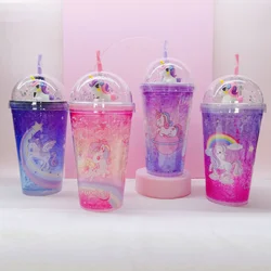 450ML Summer Unicorn Straw Cup Double Plastic Ice Cup Creative Drink Milk Tea Coffee Mug For Girls Smoothie Cups Iced Drinks Mug