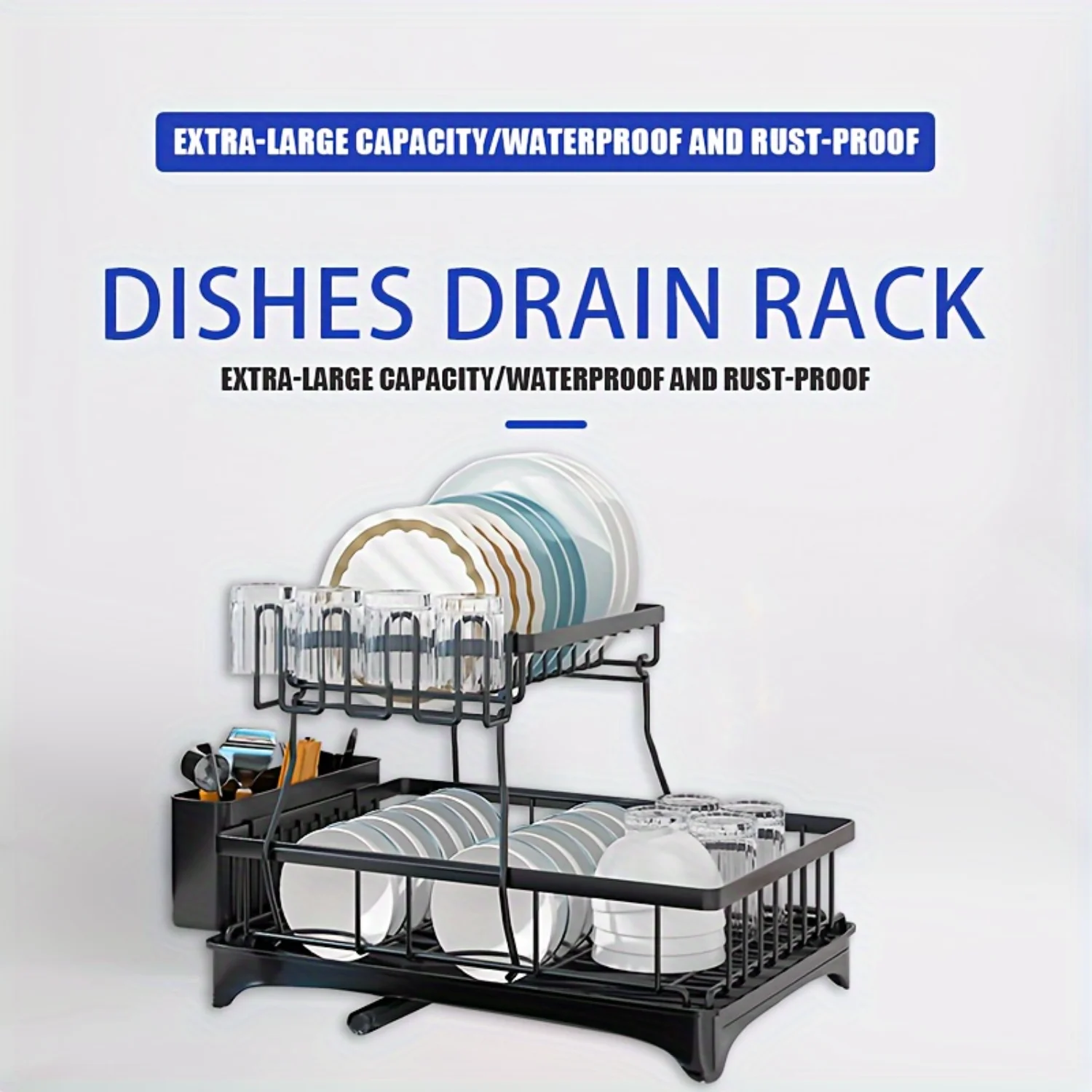 Stainless Steel Large Dish Drainer with 2 Tier Utensil Rack and Drain Board, Black Kitchen Accessories