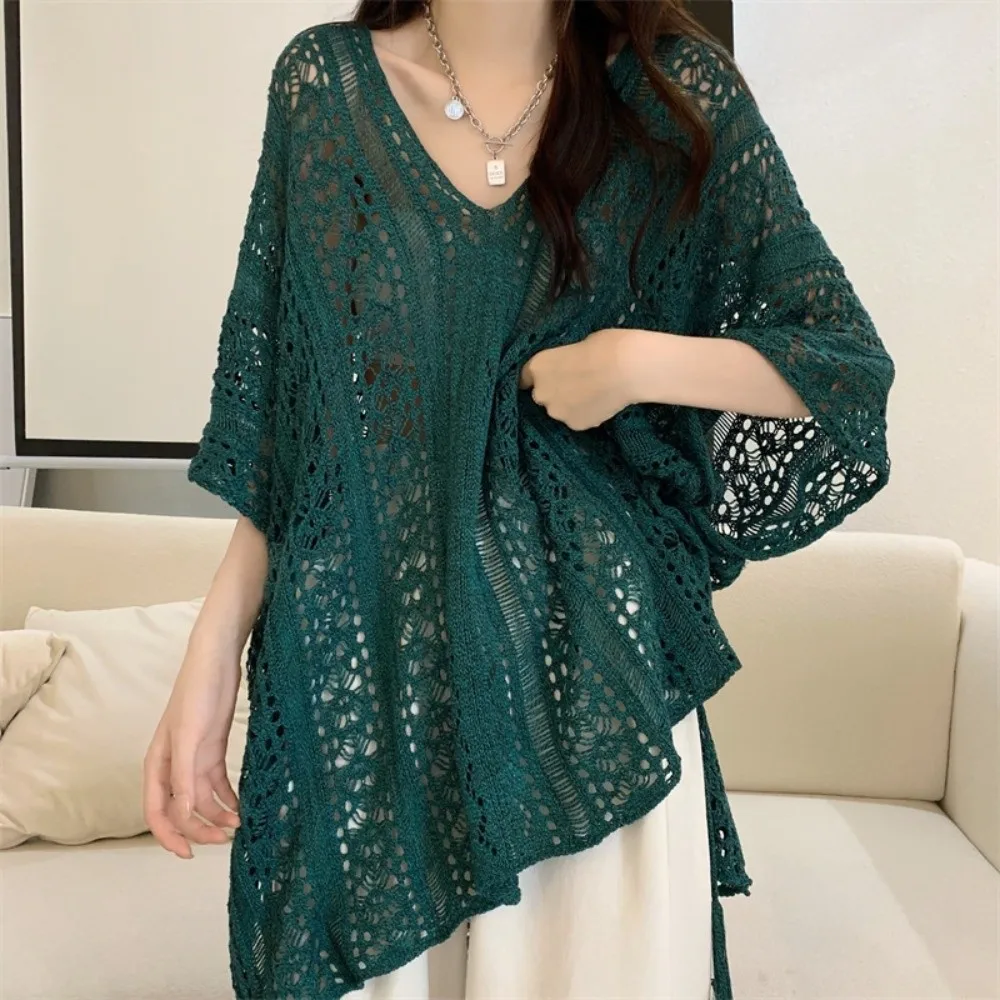 เสื้อคลุมชุดว่ายน้ำโครเชต์แบบโปร่ง ไซส์ใหญ่ คอวี ถักนิตติ้ง แขนยาว ลายตาข่าย สำหรับใส่ไปทะเล ฤดูร้อน