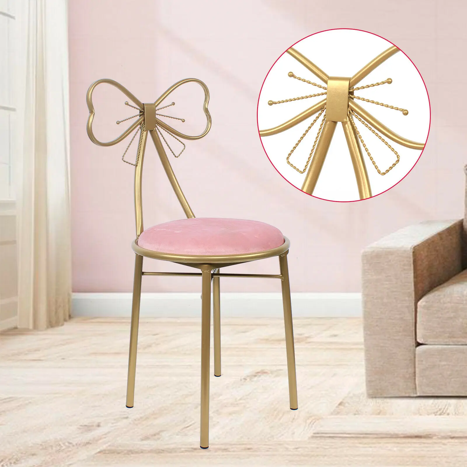 CNCEST Pink Chair Bedroom Comfortable Backrest Dressing Coffee Shop Bow-Knot Stool 82cm