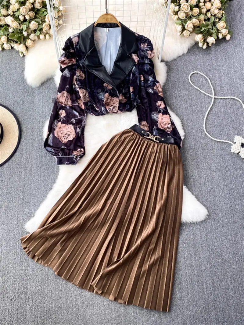 

Fashion Set Women Celebrity Temperament Suit Collar Loose Gold Velvet Shirt 2 Piece High Waist Pleated Skirt Autumn Outfit Z3530