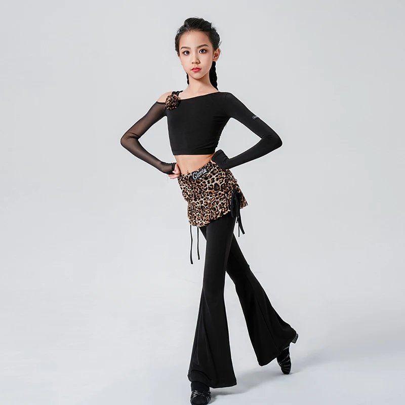 2024 New Girls Latin Dance Dress Children Autumn Off Shoulder Top Skirt Trumpet Pants Set Training Practice Uniform XH829