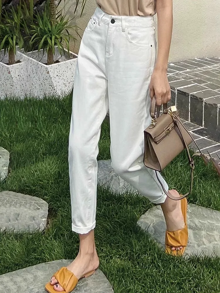 

High Waist White Harlan Jeans Women's Pear Body Shape Loose Nine Points Summer New Style Cotton Polyester Spandex Blend Cool ...