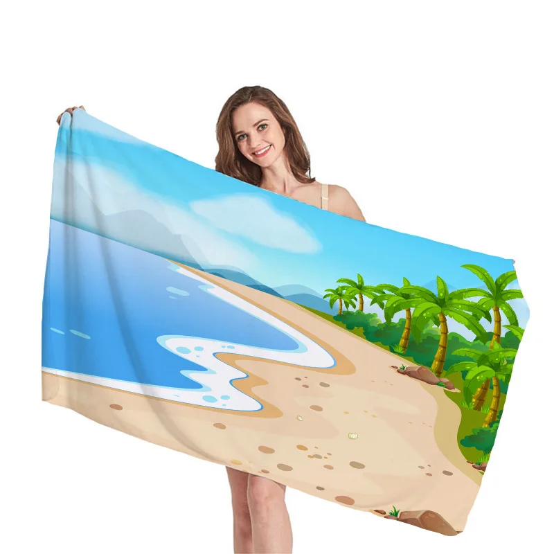 Beach with coconut trees digital-printed polyester Superfine fiber double-sided fleece Beach vacation bath towel, beach towel