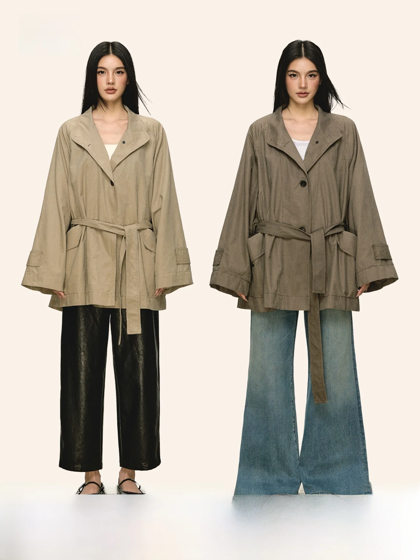 

Anna Aneae Women's ort Cotton Jaet Spring Autumn Loose Belted Coat Comfortable Military een Color Commute Sle