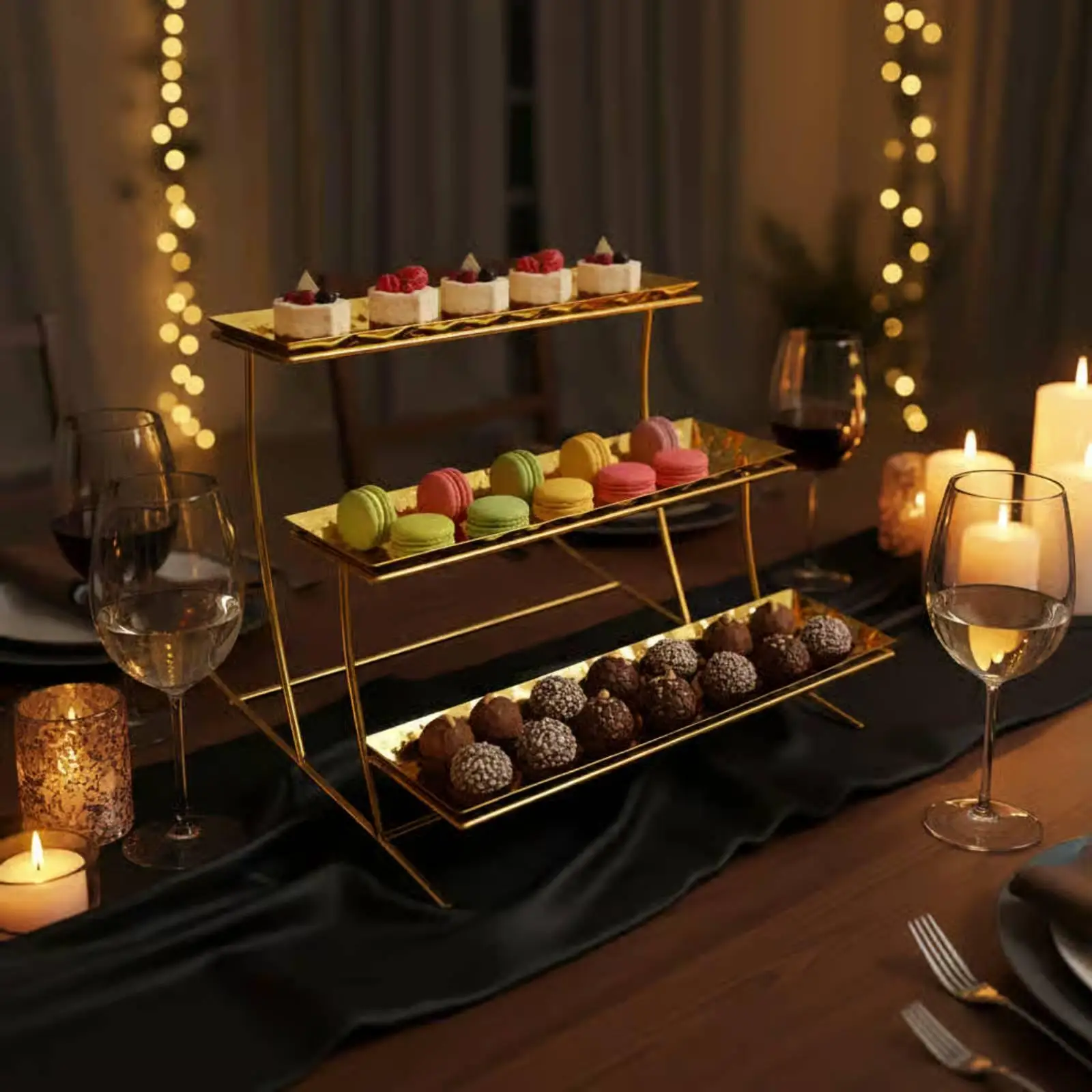 Three Tier Gold Tray Rack Stainless Steel Hammered Display Stand for Pastry Fruit Serving Table Centerpiece