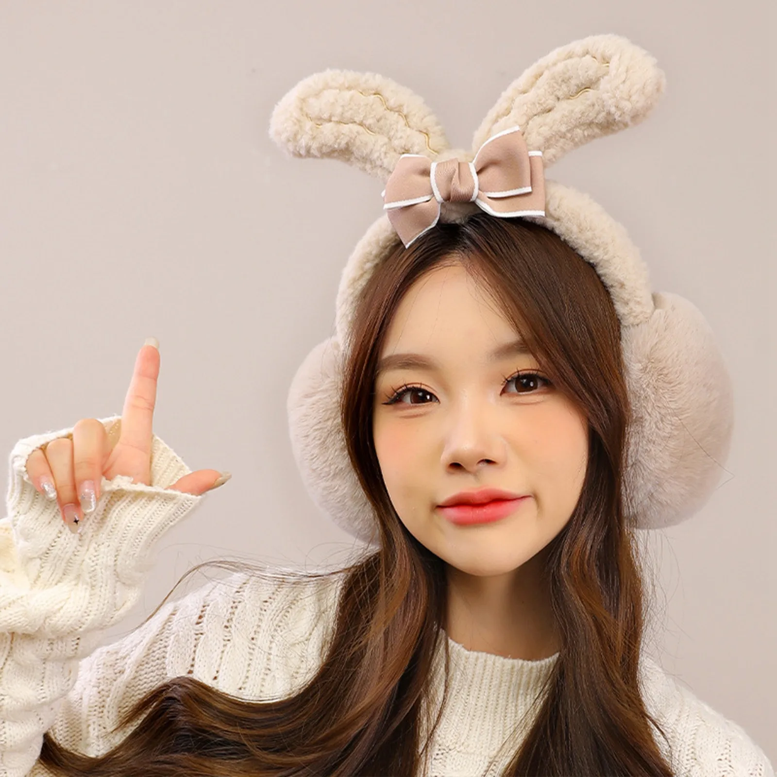 Bunny Ear Earmuffs Warm Fuzzy Rabbit Ear Muffs Womens Kwaii Princess Plush Ear Warmers Bow Lolita Girls Cold Protection 2024 new